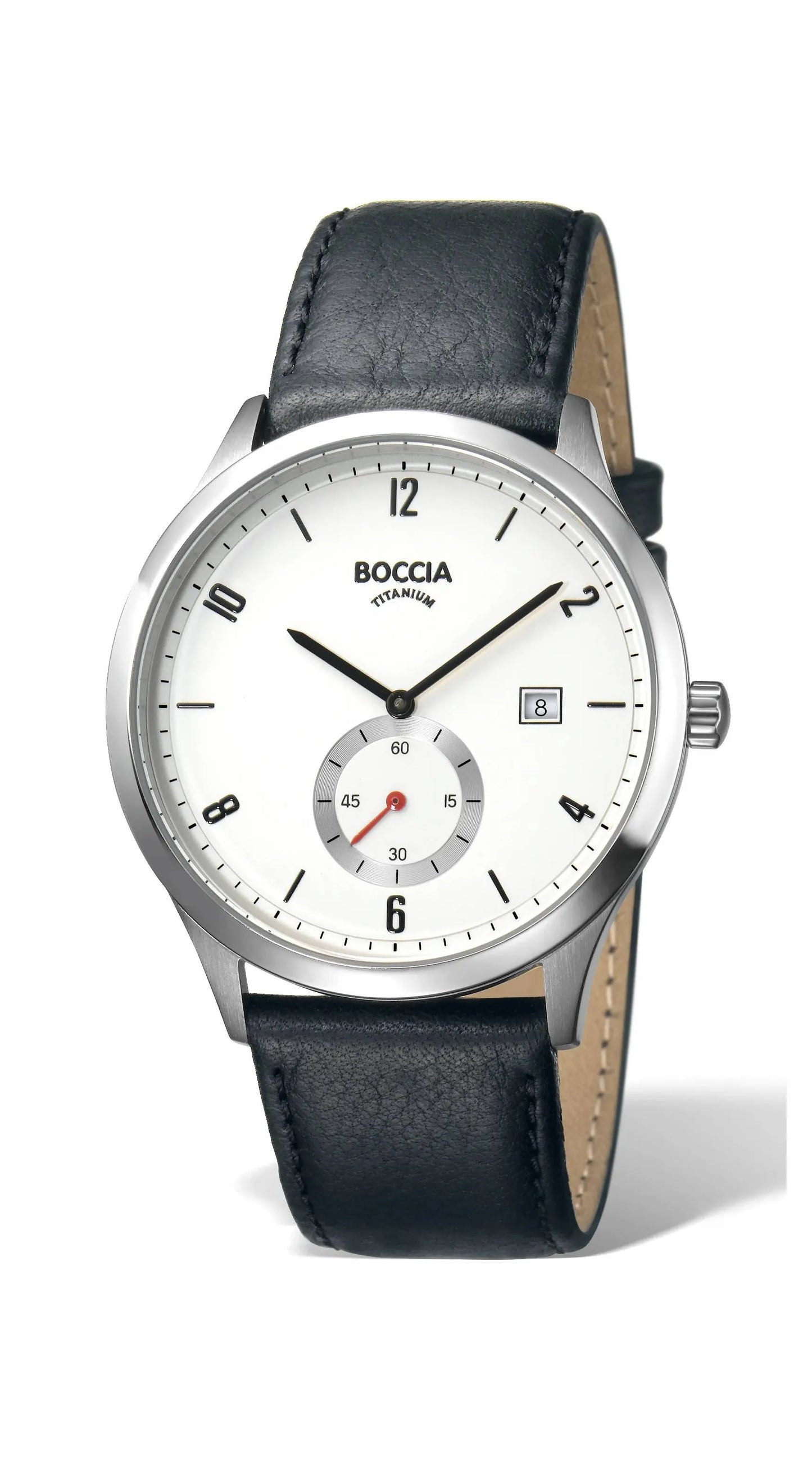 Boccia Herrenuhr Quarz mit kleiner Sekunde und schwarzem Lederarmband. Titan-Gehäuse, weißes Zifferblatt und Datumsanzeige – stilvolle Uhr bei Bendixen-Braun.