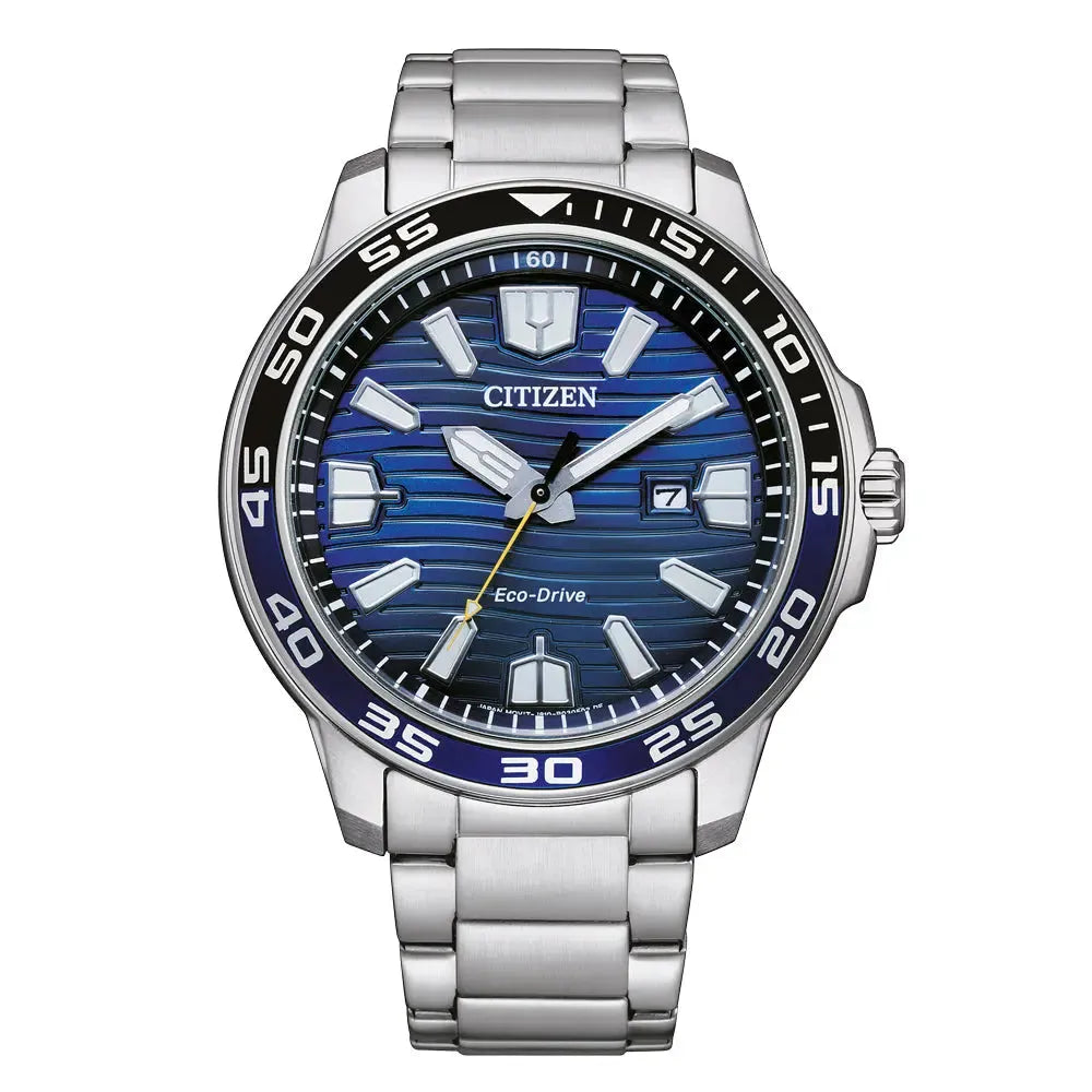 Citizen Herren-Solaruhr Edelstahl mit blauem Zifferblatt.