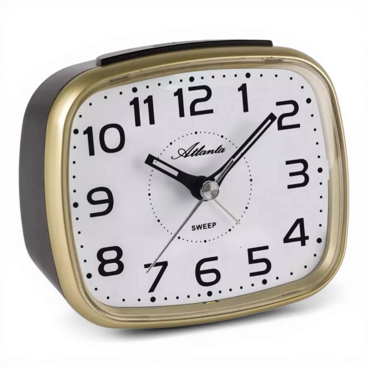 Bendixen-Braun gold-tone square quartz alarm clock with white face, Arabic numerals, and sweep second hand.
