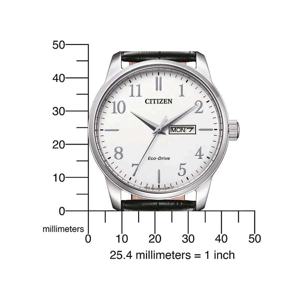 Citizen Klassische Herren-Solaruhr mit Größenvergleich. Edelstahlgehäuse, weißes Zifferblatt und schwarze Lederarmband für zeitlose Eleganz.