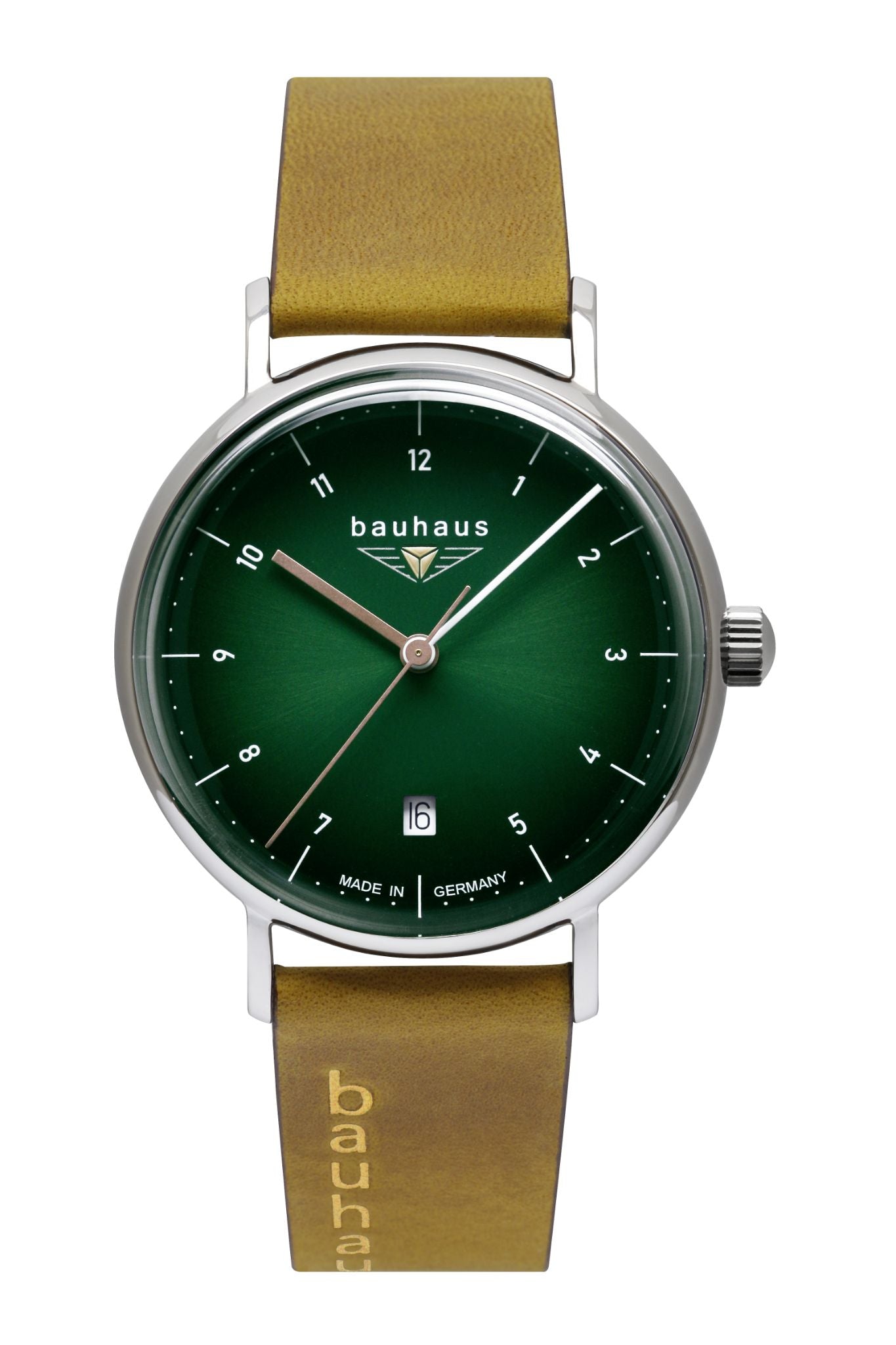 Bauhaus Quarzuhr im Bauhaus-Stil in Grün mit klassischem Lederarmband. Elegante Armbanduhr mit minimalistischem Design, erhältlich bei Bendixen-Braun.