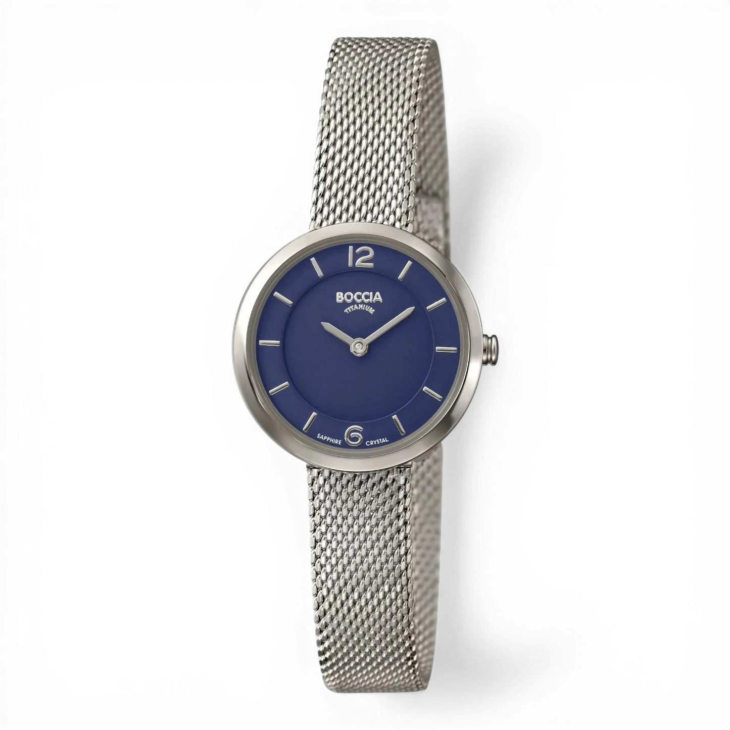 Boccia Damen-Quarzuhr mit blauem Zifferblatt und silbernem Milanese-Armband aus Titan. Elegante Damenuhr bei Bendixen-Braun erhältlich.