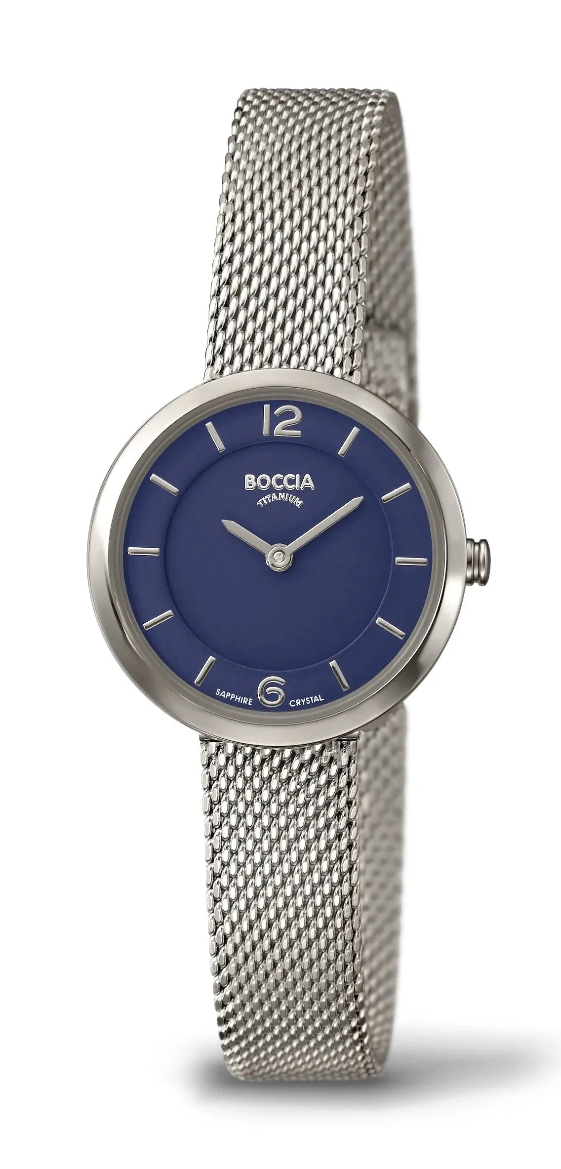 Boccia Damen-Quarzuhr mit blauem Zifferblatt und silbernem Milanese-Armband aus Titan. Elegante Damenuhr bei Bendixen-Braun erhältlich.