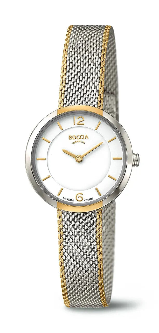 Boccia Quarz Damenuhr mit Milanese-Armband aus Titan und Edelstahl in Bicolor-Optik. Elegante Uhr mit weißem Zifferblatt und goldenen Details.