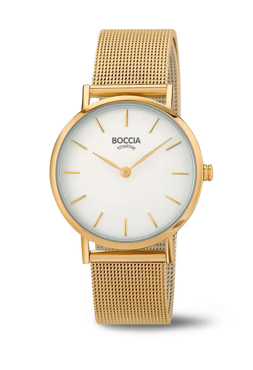 Boccia Titan Damen-Quarzuhr mit Milaneseband in Gelbgoldoptik. Elegantes Design mit schlichtem Zifferblatt, ideal für stilbewusste Frauen.