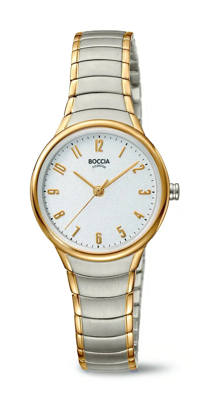 Boccia Damen-Quarzuhr mit bicolor Titanarmband und goldenen Akzenten. Elegante Damenuhr mit präzisem Quarzwerk, erhältlich bei Bendixen-Braun.