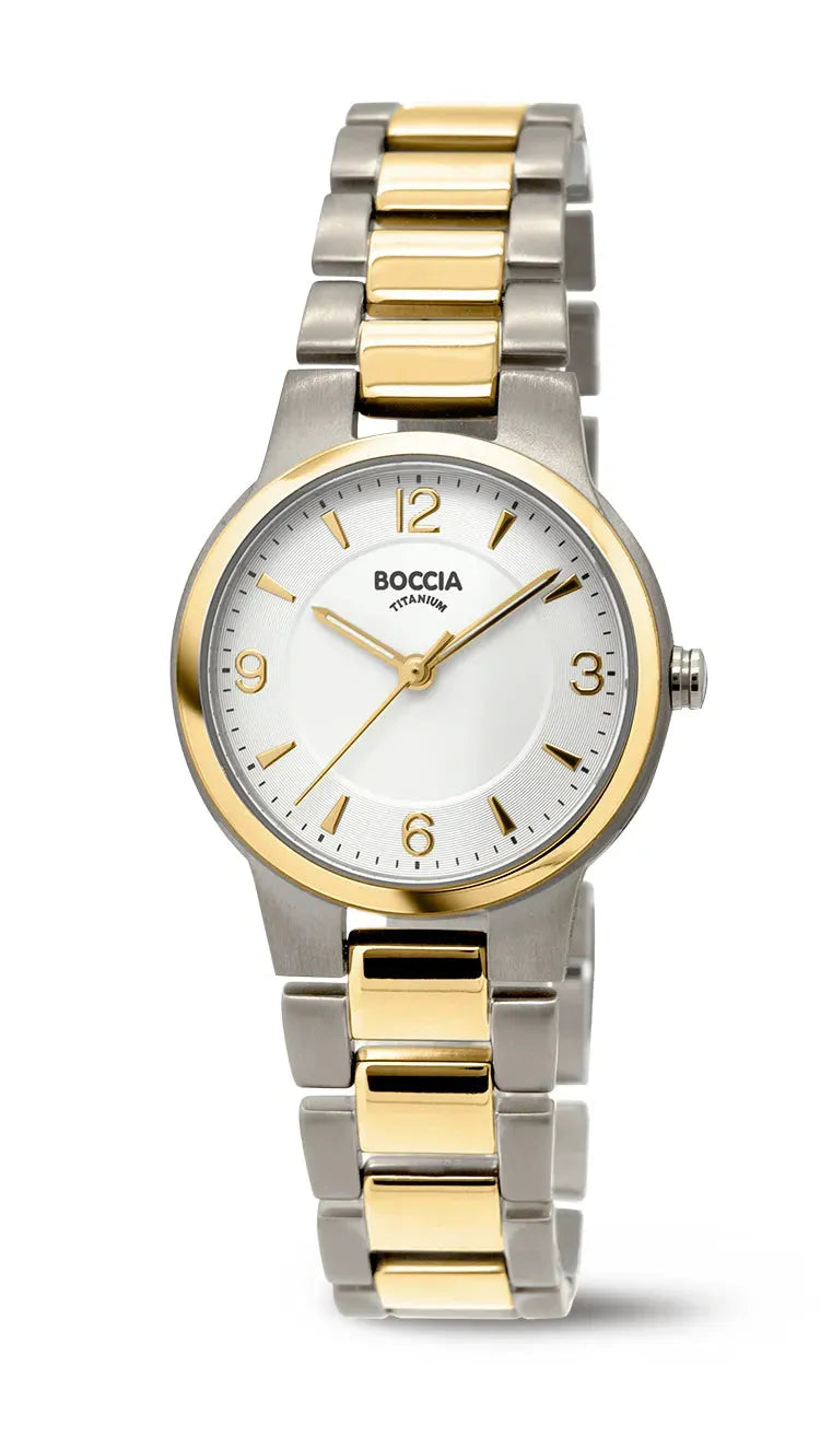 Boccia Damen-Quarzuhr mit Titanband bicolor – elegante Armbanduhr mit gold-silbernem Design. Leichtes Titanarmband und präzises Quarzwerk.