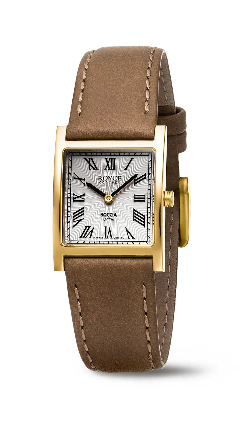 Boccia Quarz Damenuhr mit goldfarbenem Gehäuse, römischen Ziffern und braunem Lederarmband. Elegantes Design mit Sicherheitsglas und Titan-Gehäuse.