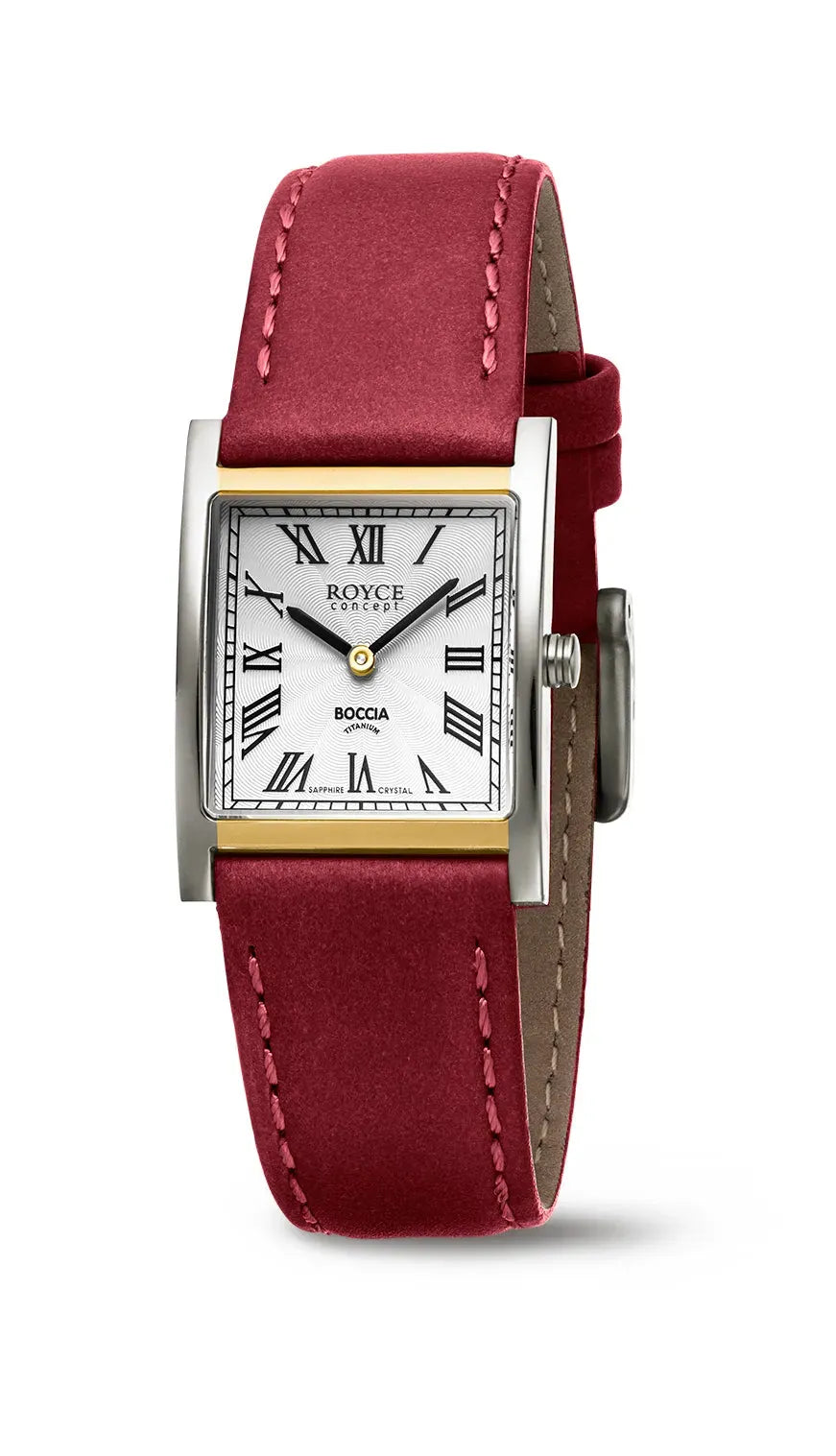 Boccia Damen-Quarzuhr mit rotem Lederband und Titan-Gehäuse. Elegante Damenuhr mit römischen Ziffern, erhältlich bei Bendixen-Braun.