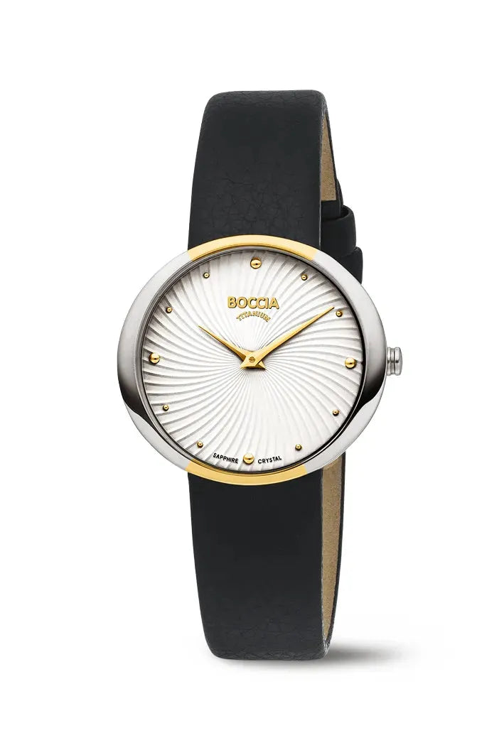 Boccia Damenuhr aus Titan mit Sonnenschliff-Zifferblatt und bicolor Design. Edle Quarzuhr mit schwarzem Lederarmband, erhältlich bei Bendixen-Braun.