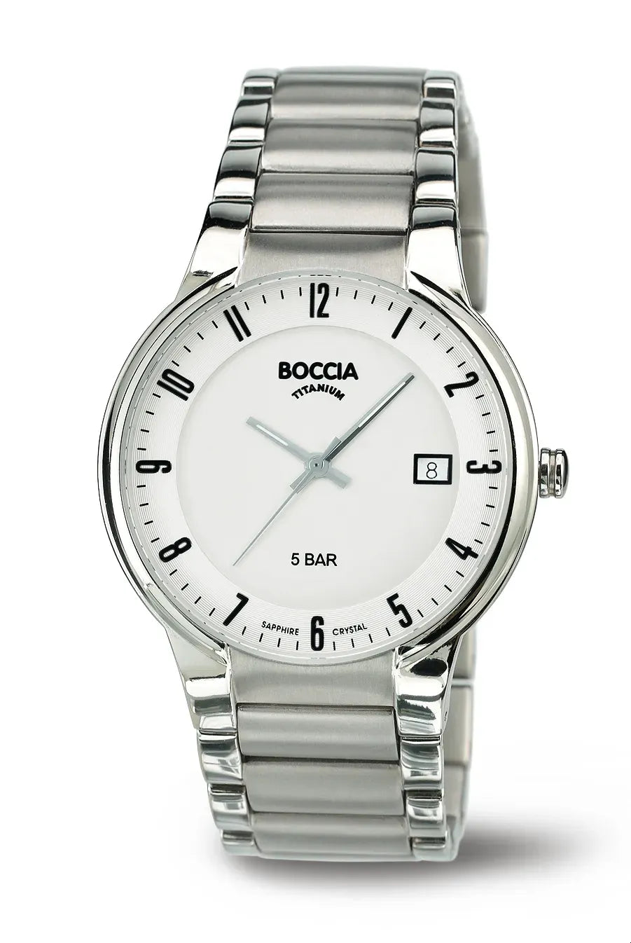 Boccia Herren-Quarzuhr mit Titanarmband und Datumsanzeige. Elegante silberne Armbanduhr mit weißem Zifferblatt, ideal für stilbewusste Männer.