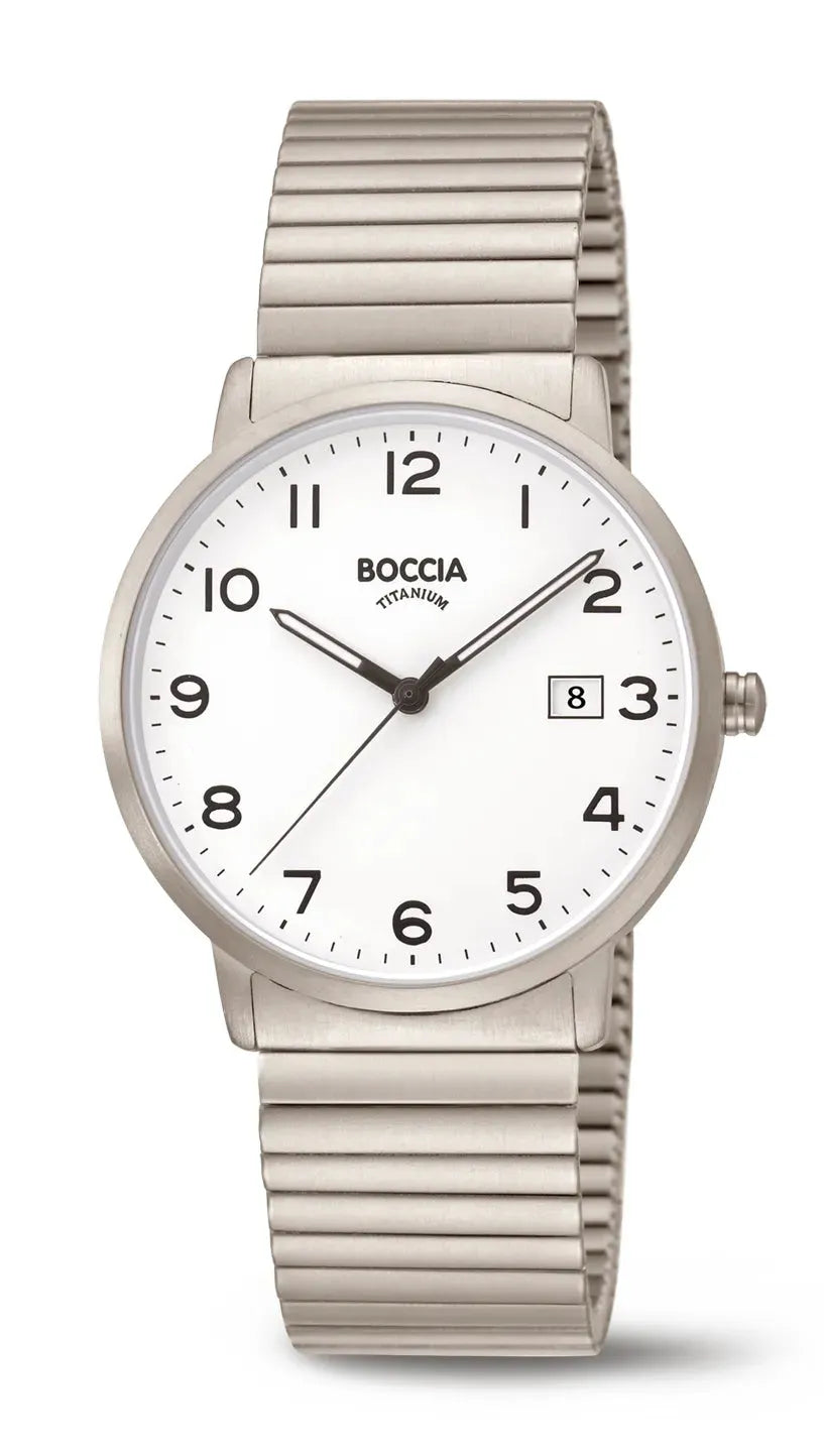 Boccia Quarz Herrenuhr aus Titan mit flexiblem Armband und weißem Zifferblatt. Elegantes, leichtes Design für stilbewusste Männer.