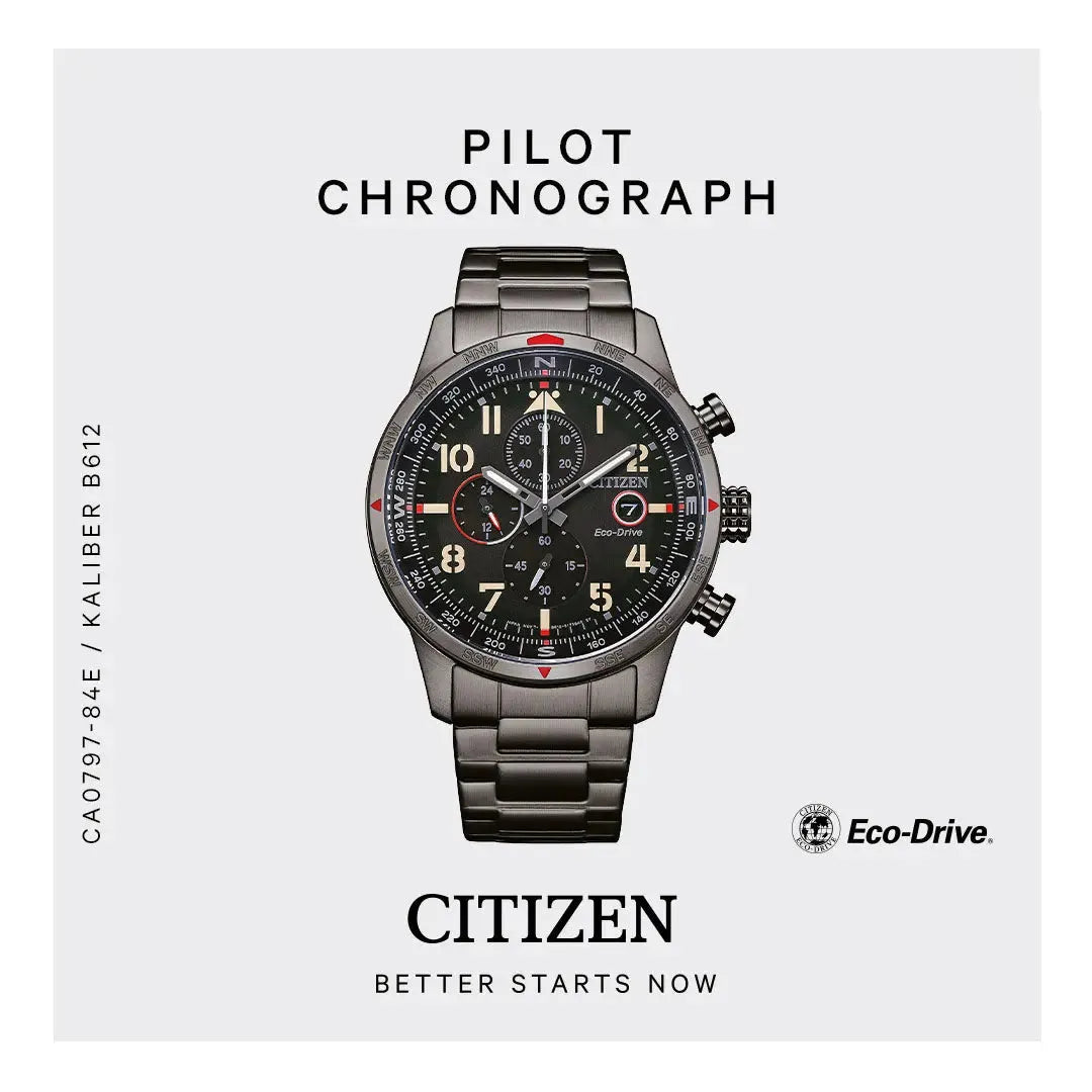Werbebild des Citizen Herren-Solarchronographen Grau Ionen-plattiert mit Eco-Drive-Technologie. Stilvoller Pilot Chronograph für moderne Männer.