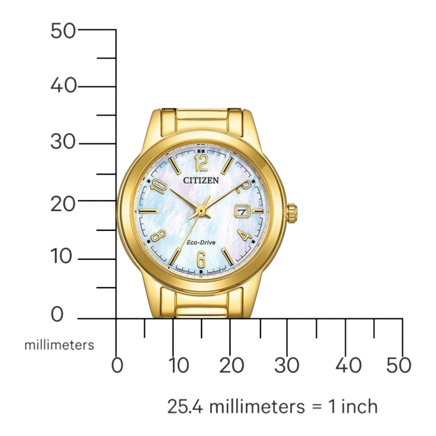 Bendixen-Braun Citizen gold-tone stainless steel women's watch with mother-of-pearl dial and date window. Eco-Drive solar-powered.
