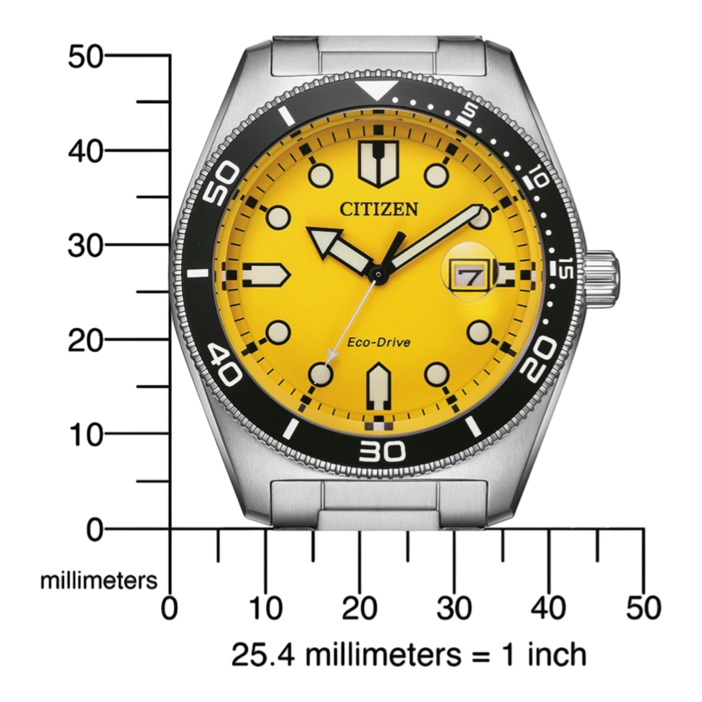 Bendixen-Braun Citizen men's yellow dial solar dive watch with stainless steel case and bracelet, Eco-Drive technology.