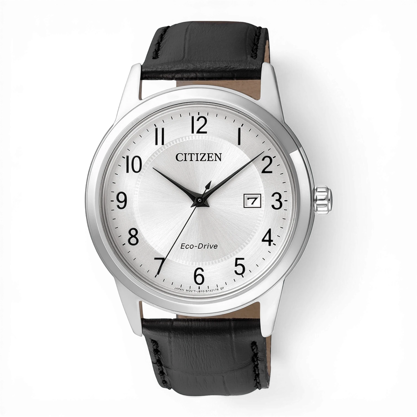 Bendixen-Braun men's watch with silver dial, Arabic numerals, date window, and black leather strap. Features Eco-Drive solar technology.
