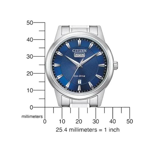 Citizen men's silver stainless steel watch with blue dial, Eco-Drive, day and date display.