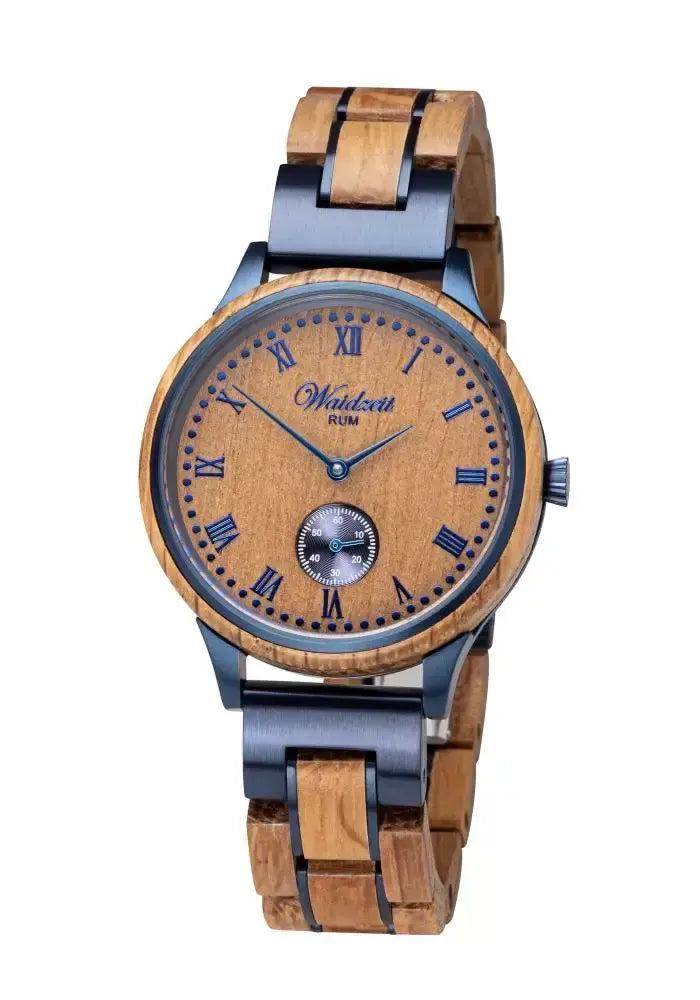 Damen-Holzuhr Quarz – Zifferblatt in Blau – Gehäuse aus Rumfass-Holz – Bendixen-Braun | Dein Juwelier in Augsburg