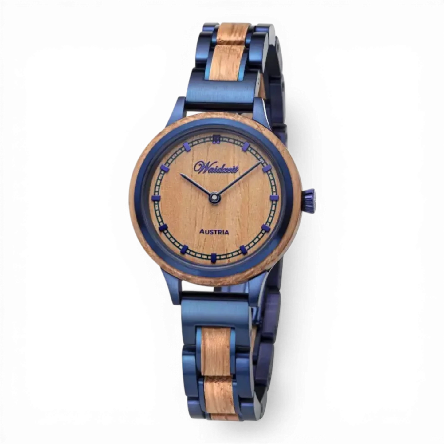 Damenuhr Petite Bleu – Quarzwerk – Holzgehäuse in edlem Blau – Bendixen-Braun | Dein Juwelier in Augsburg