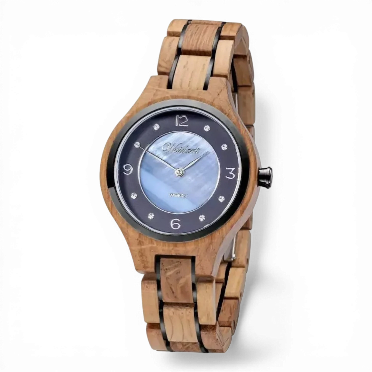 Damenuhr Quarz Gehäuse aus Whiskyfass-Holz – Zifferblatt mit Perlmutt – Bendixen-Braun | Dein Juwelier in Augsburg