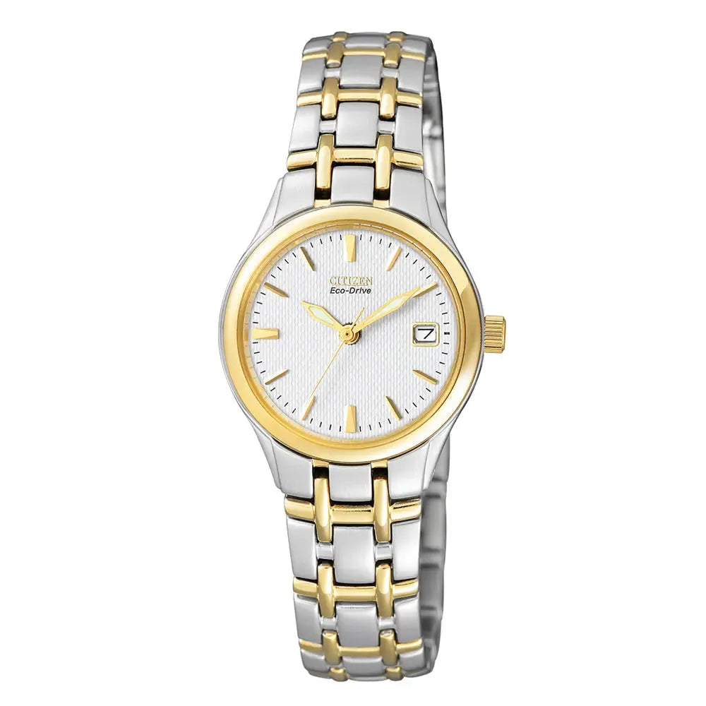 Citizen Damen-Solaruhr Bicolor Gold-Silber mit weißem Zifferblatt.