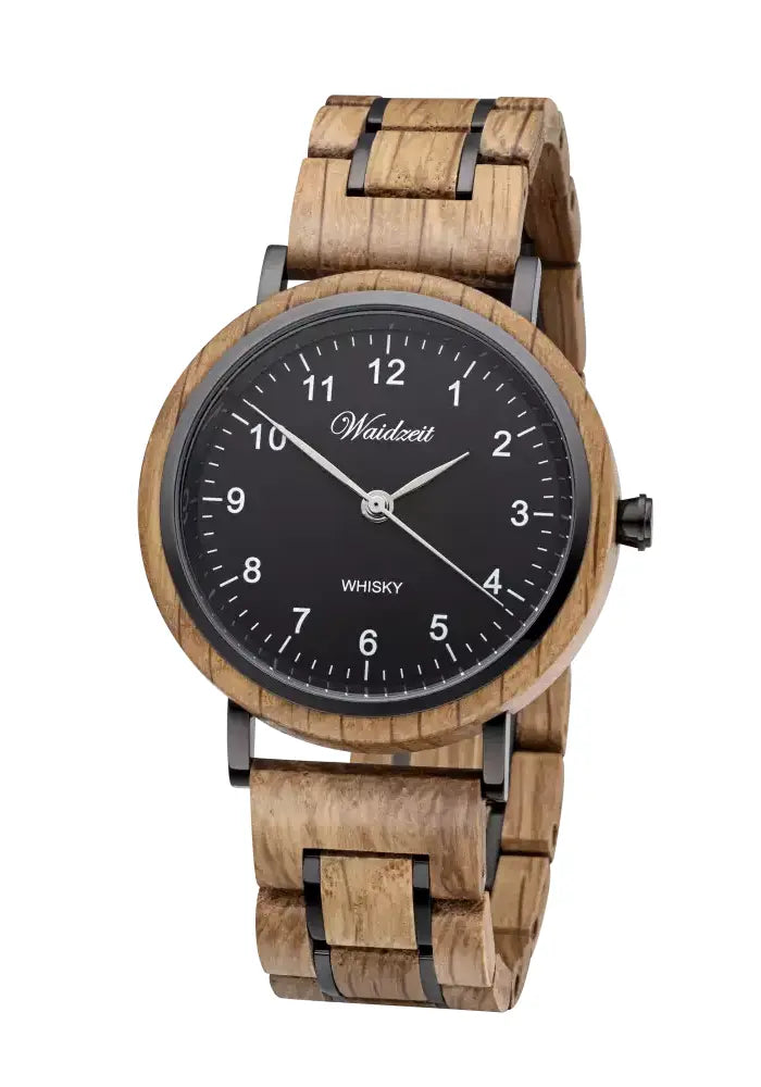 Herren Holzuhr aus Whiskyfassholz – Quarzwerk – Schwarz – Bendixen-Braun | Dein Juwelier in Augsburg