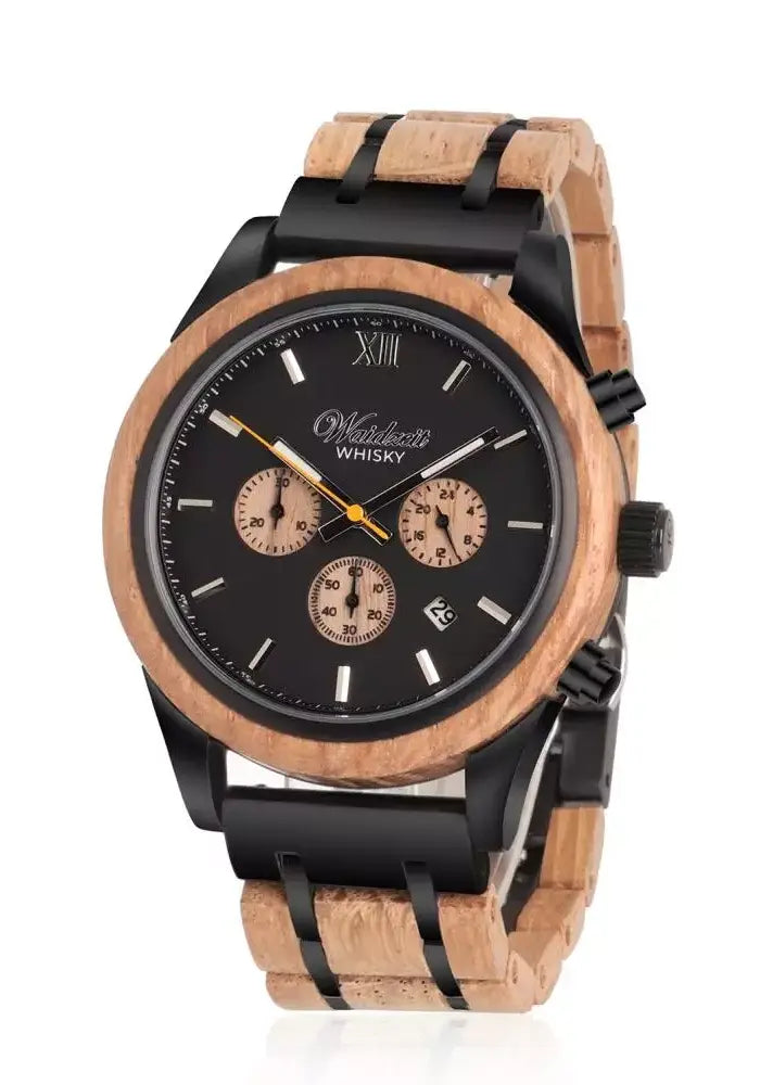Herrenuhr Quarz-Chronograph – Gehäuse aus Whiskyfass-Holz – Schwarz – Bendixen-Braun | Dein Juwelier in Augsburg