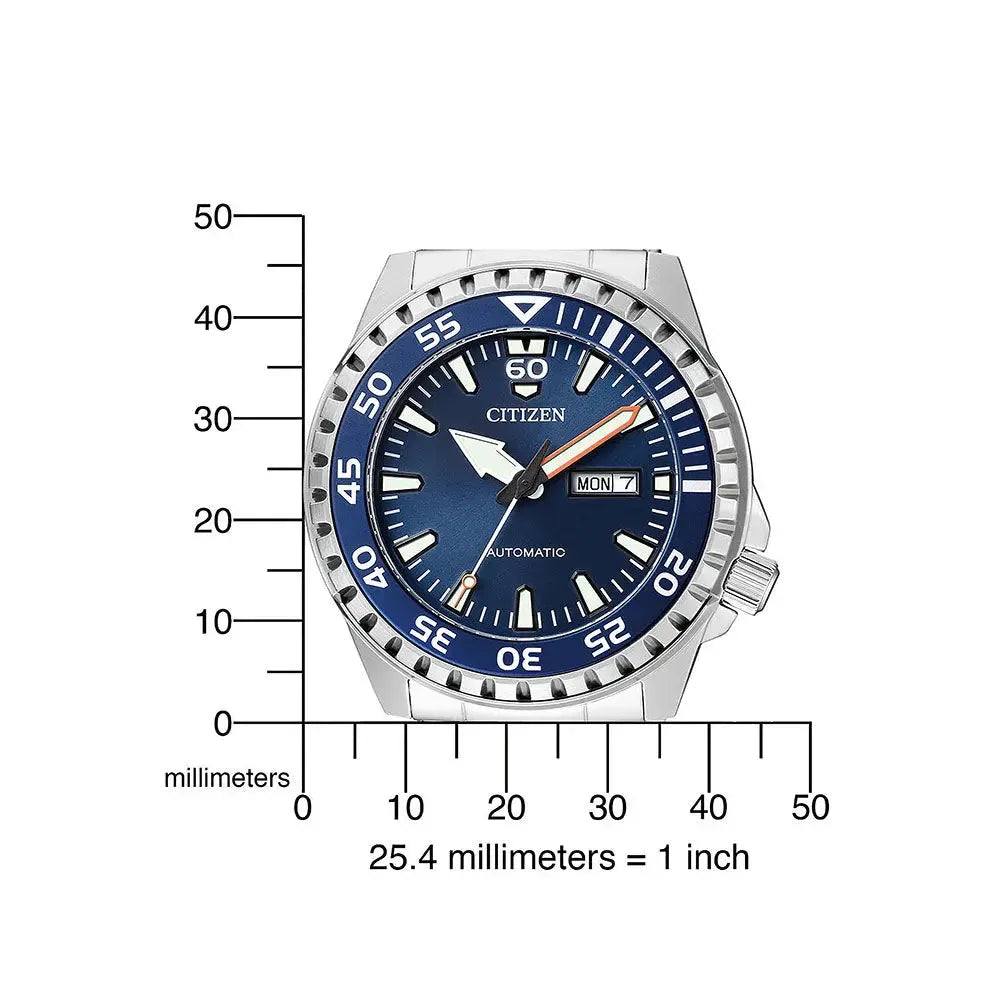 Citizen Herren-Automatikuhr Taucheruhr mit blauem Zifferblatt und Größenangaben in Millimetern. Perfekte Wahl für stilbewusste Abenteurer.