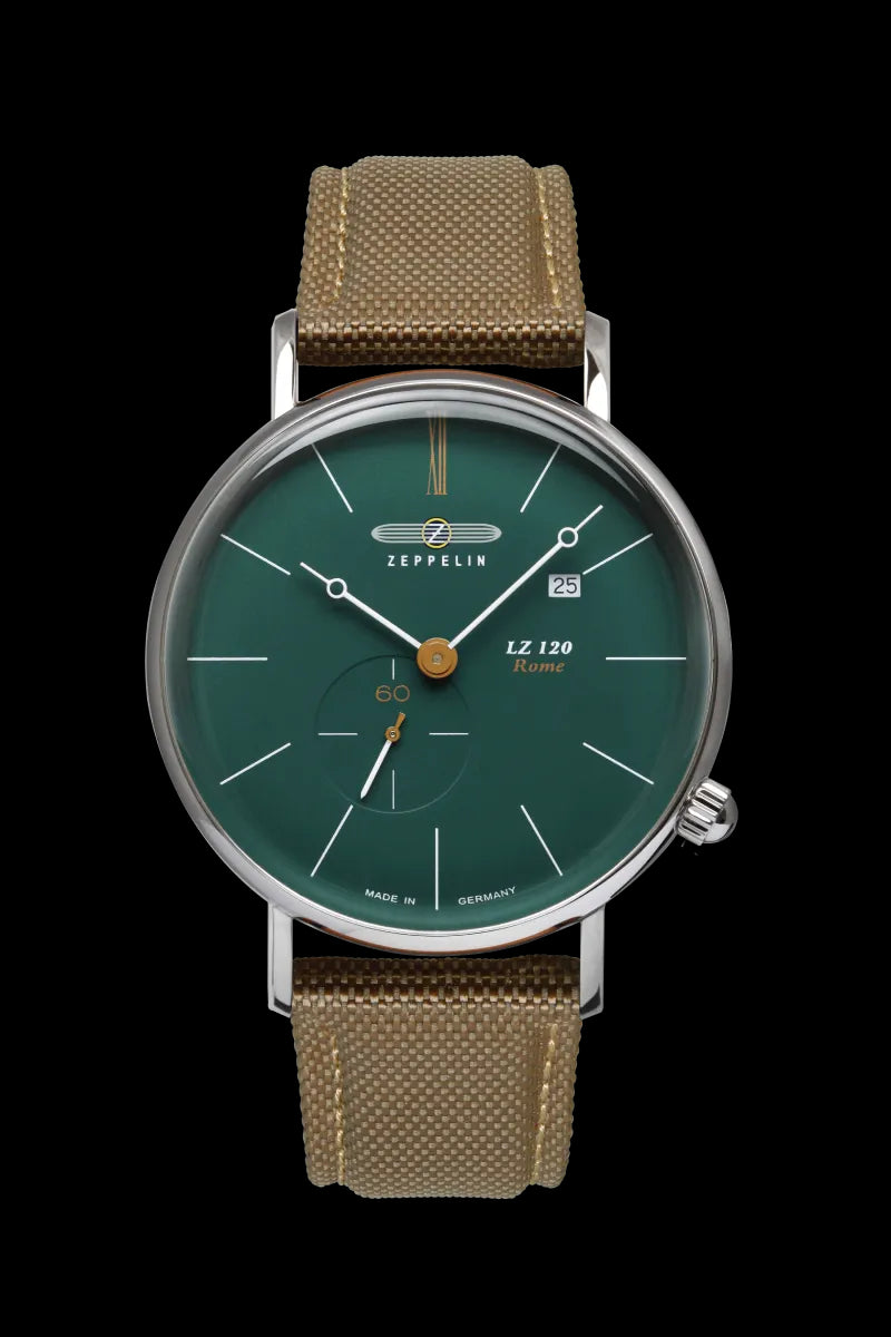 Zeppelin Herrenuhr mit kleiner Sekunde und grünem Zifferblatt, elegantes Design mit braunem Lederarmband. Jetzt bei Bendixen-Braun entdecken.
