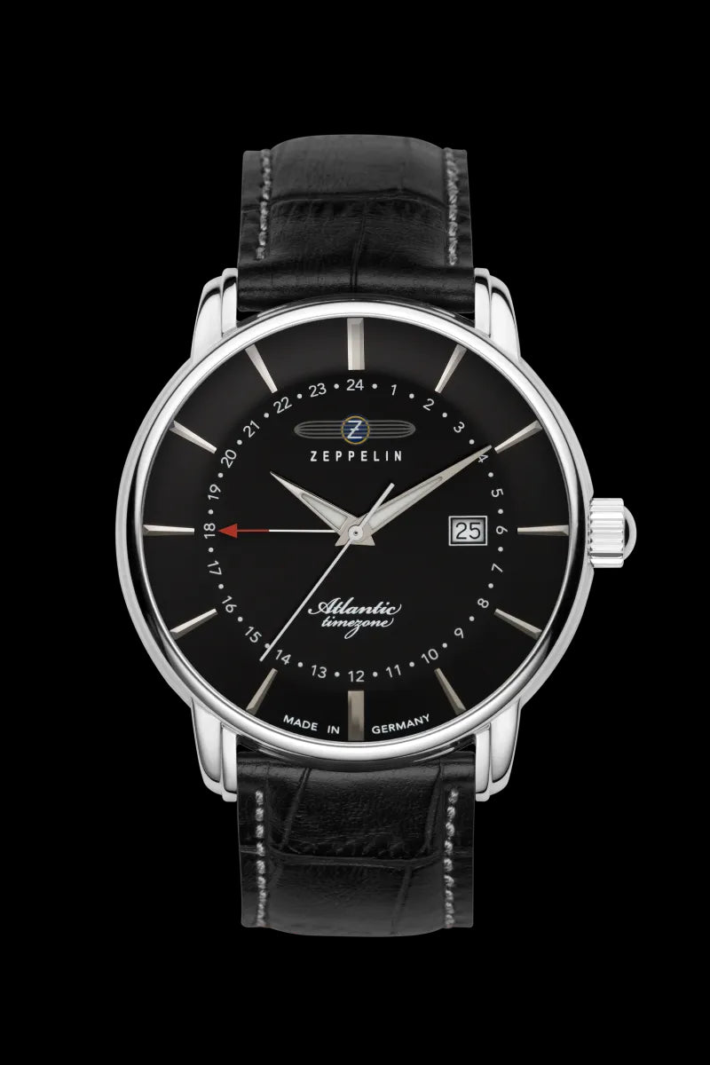 Zeppelin Quarzuhr mit zweiter Zeitzone und schwarzem Zifferblatt. Elegante Herrenuhr mit Lederarmband, ideal für klassische Looks.