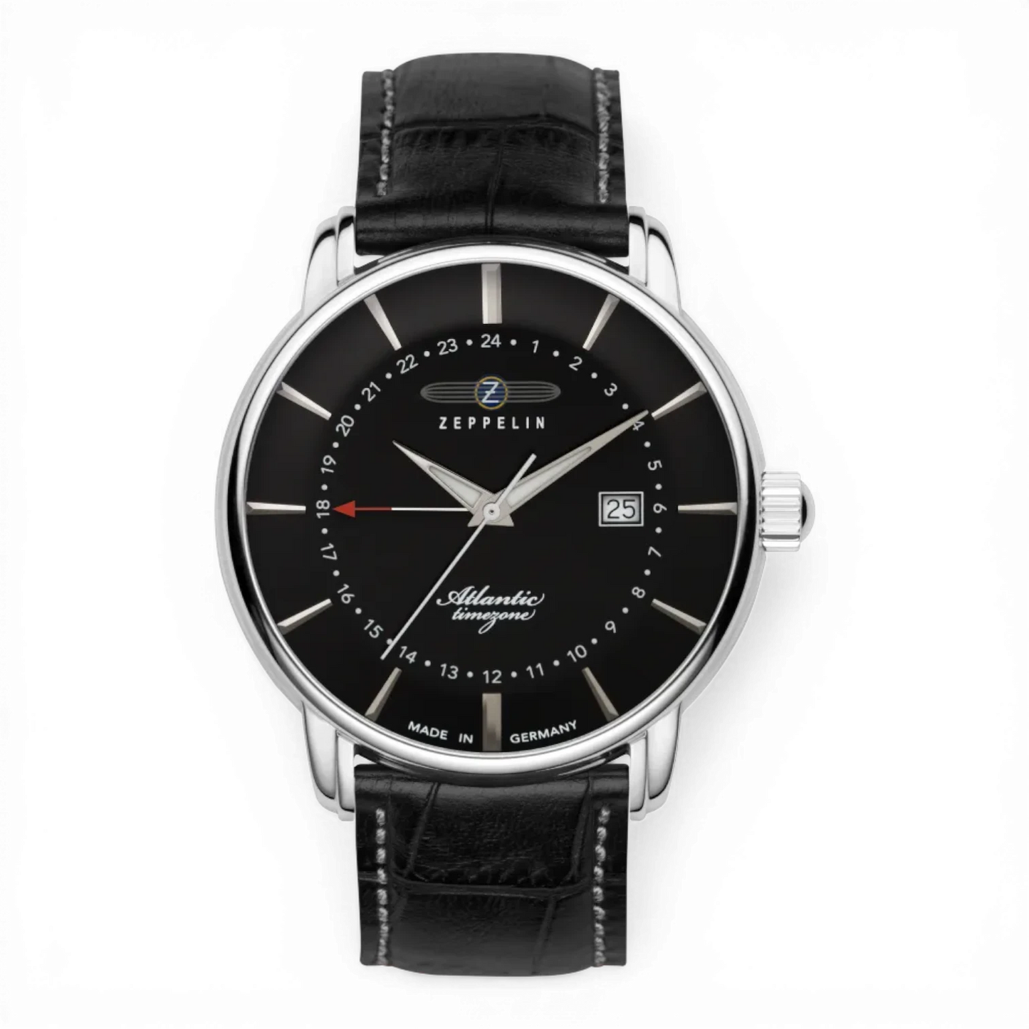 Zeppelin Quarzuhr mit zweiter Zeitzone und schwarzem Zifferblatt. Elegante Herrenuhr mit Lederarmband, ideal für klassische Looks.