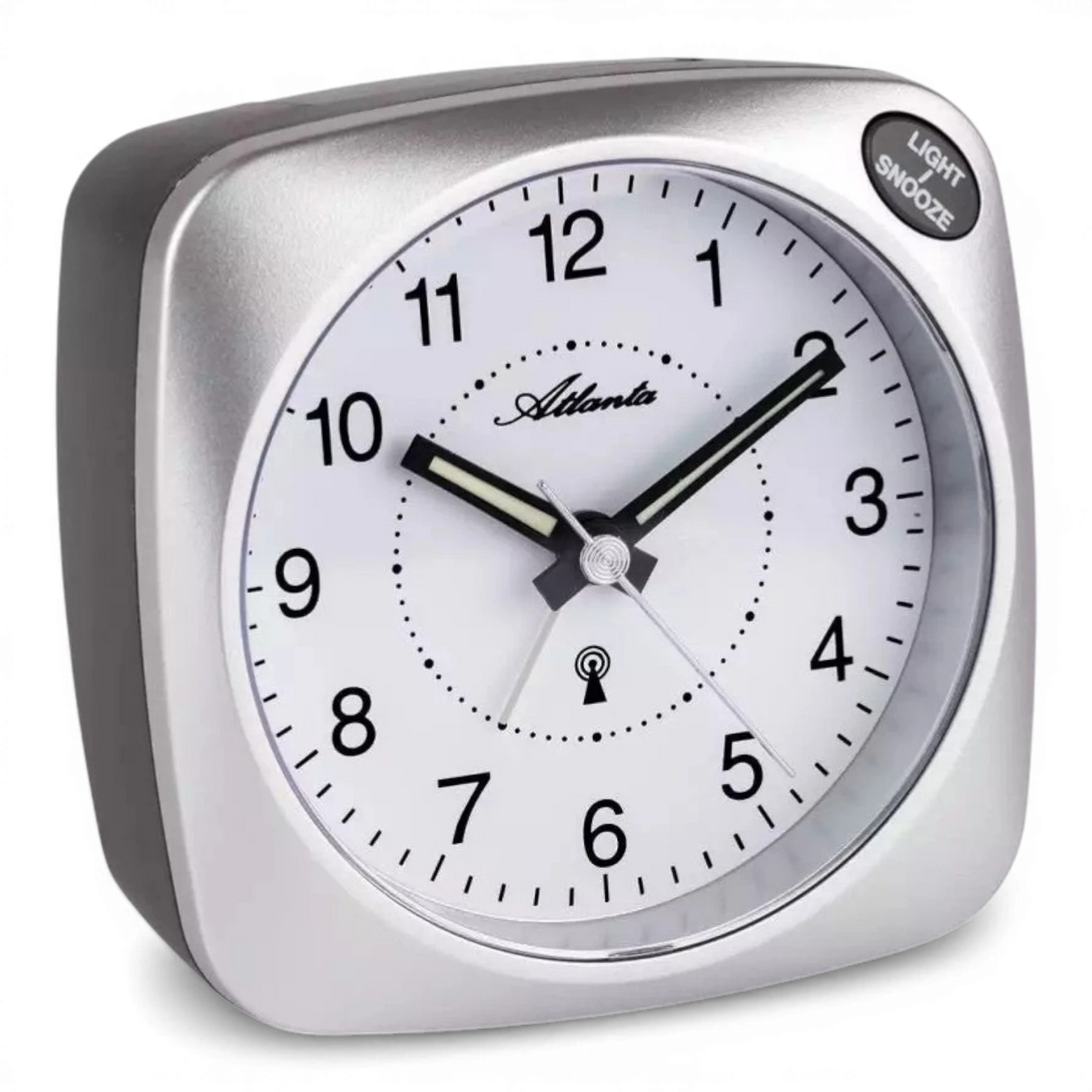 Bendixen-Braun Atlanta silver analog alarm clock with white face, Arabic numerals, and snooze/light button.