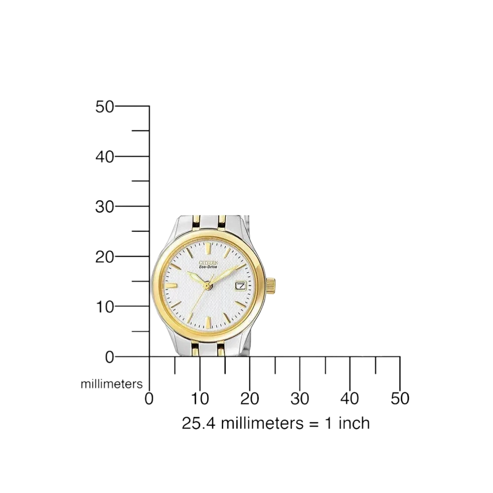 Bendixen-Braun women's bicolor gold and silver stainless steel Eco-Drive watch with white dial and date window.