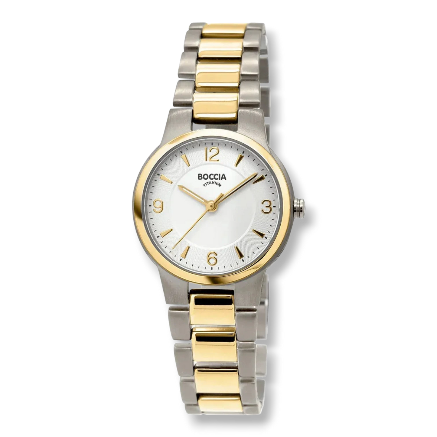 Boccia Damen-Quarzuhr mit Titanband bicolor – elegante Armbanduhr mit gold-silbernem Design. Leichtes Titanarmband und präzises Quarzwerk.