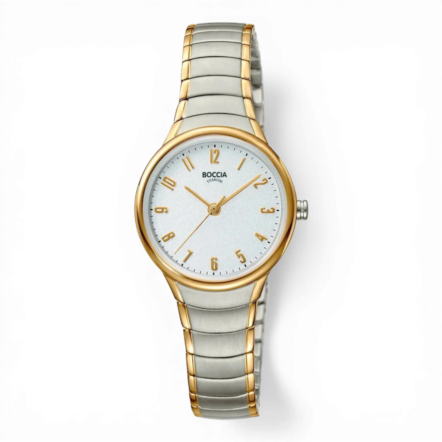 Boccia Damen-Quarzuhr mit bicolor Titanarmband und goldenen Akzenten. Elegante Damenuhr mit präzisem Quarzwerk, erhältlich bei Bendixen-Braun.