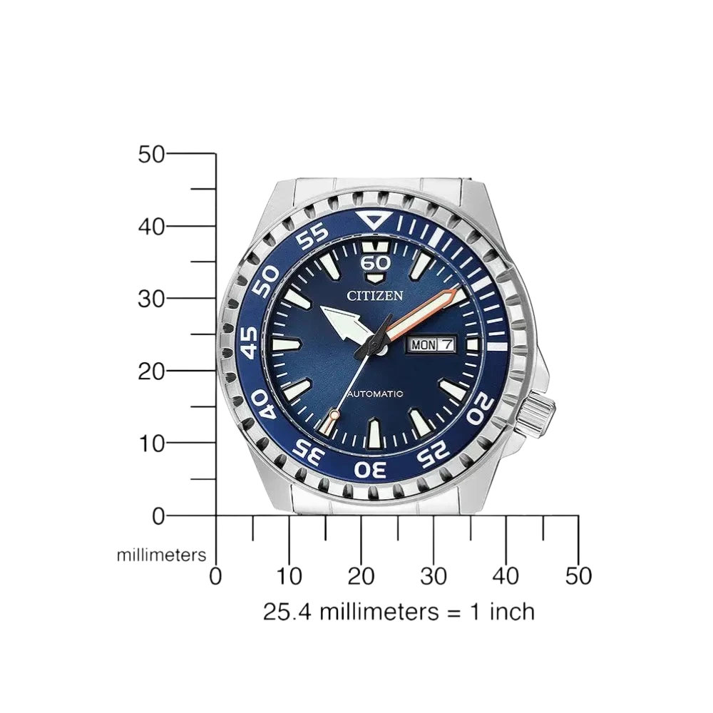 Citizen Herren-Automatikuhr Taucheruhr mit blauem Zifferblatt und Größenangaben in Millimetern. Perfekte Wahl für stilbewusste Abenteurer.