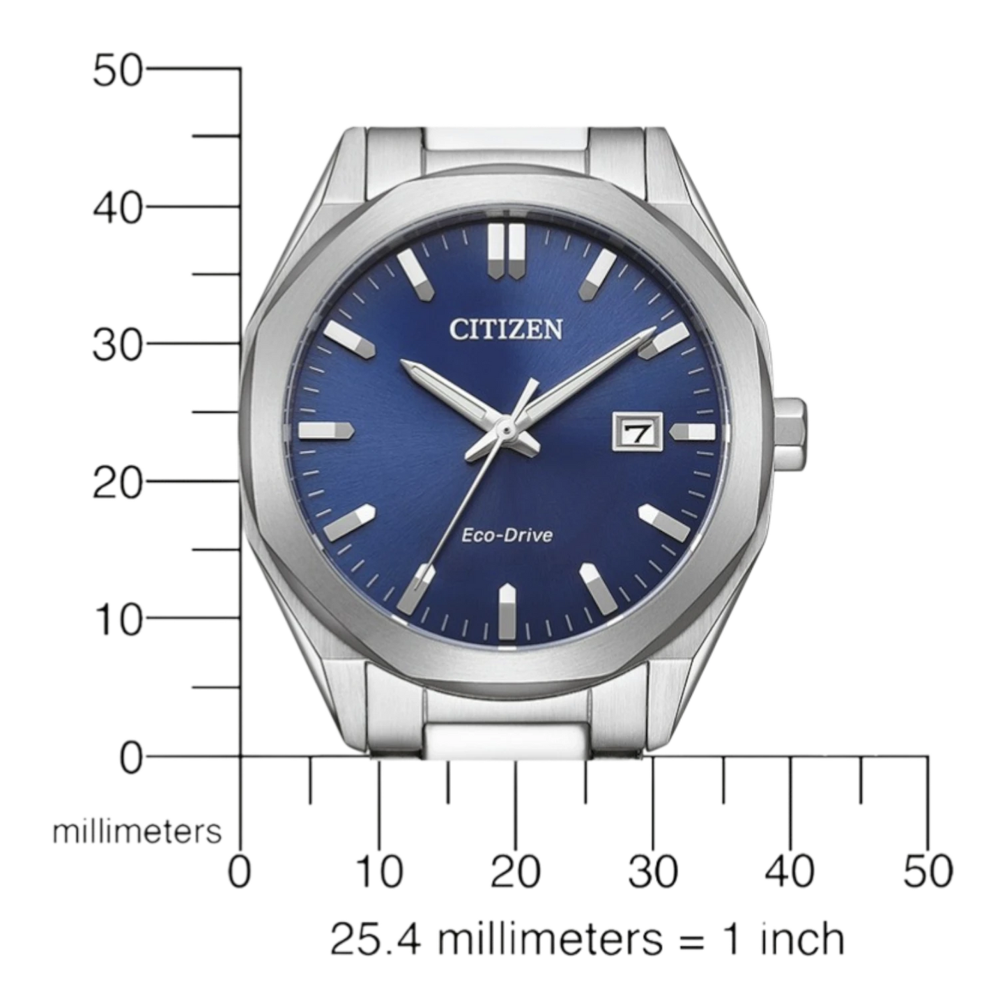 Bendixen-Braun Citizen Eco-Drive men's watch with octagonal stainless steel case, blue dial, date window, and solar technology.