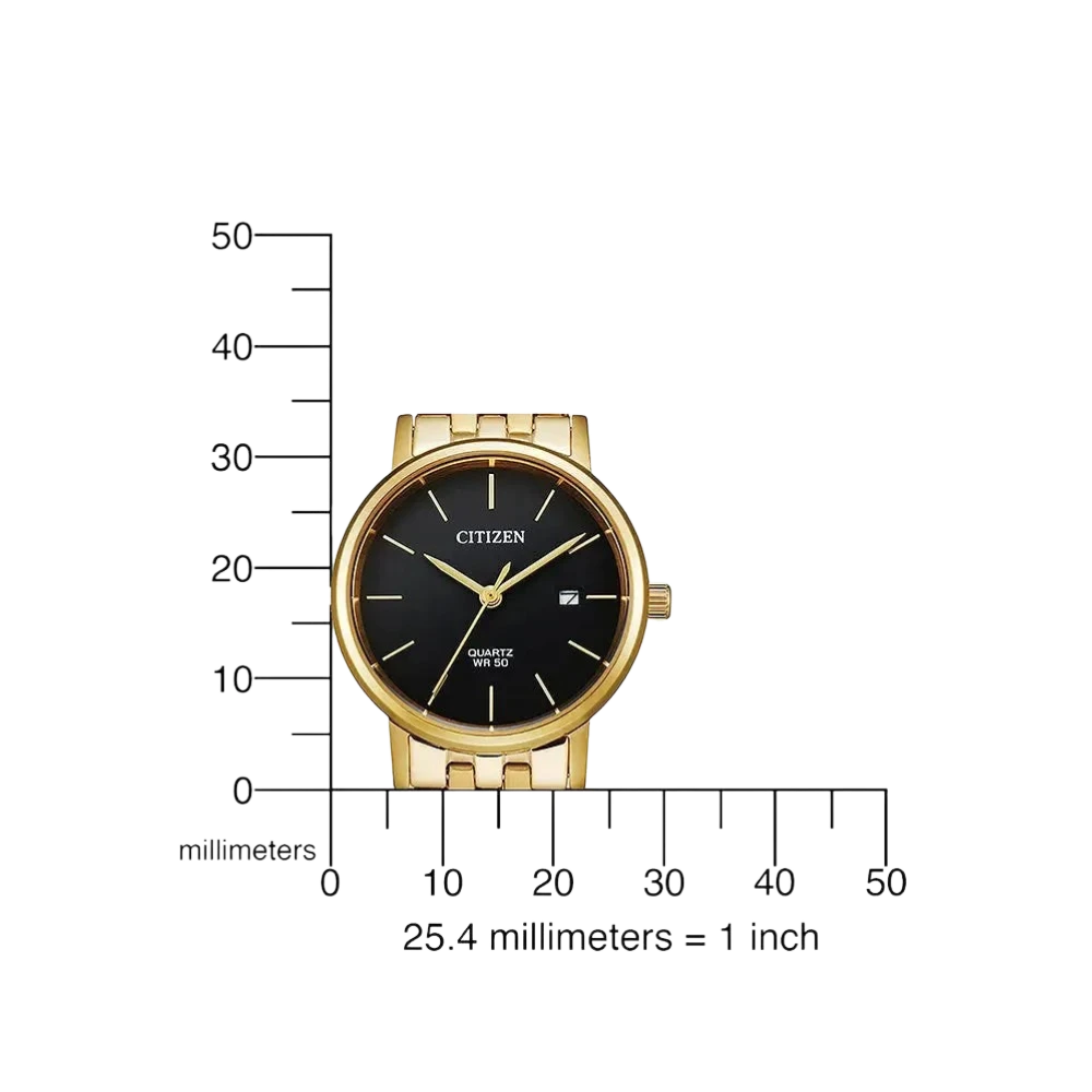 Bendixen-Braun Citizen women's gold-tone stainless steel quartz watch with black dial and date window.