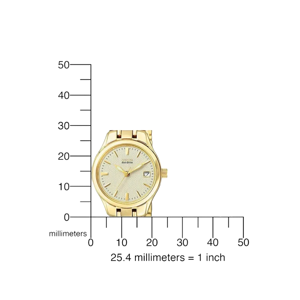 Größenvergleich der Citizen Damen-Solaruhr in Gold mit beigem Zifferblatt. Kompakte Damenuhr mit präziser Zeitangabe und nachhaltiger Solar-Technologie.