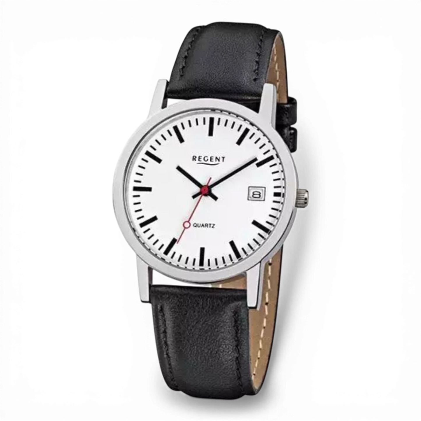 Bendixen-Braun Regent quartz watch with white dial, black indices, date display, and black leather strap.