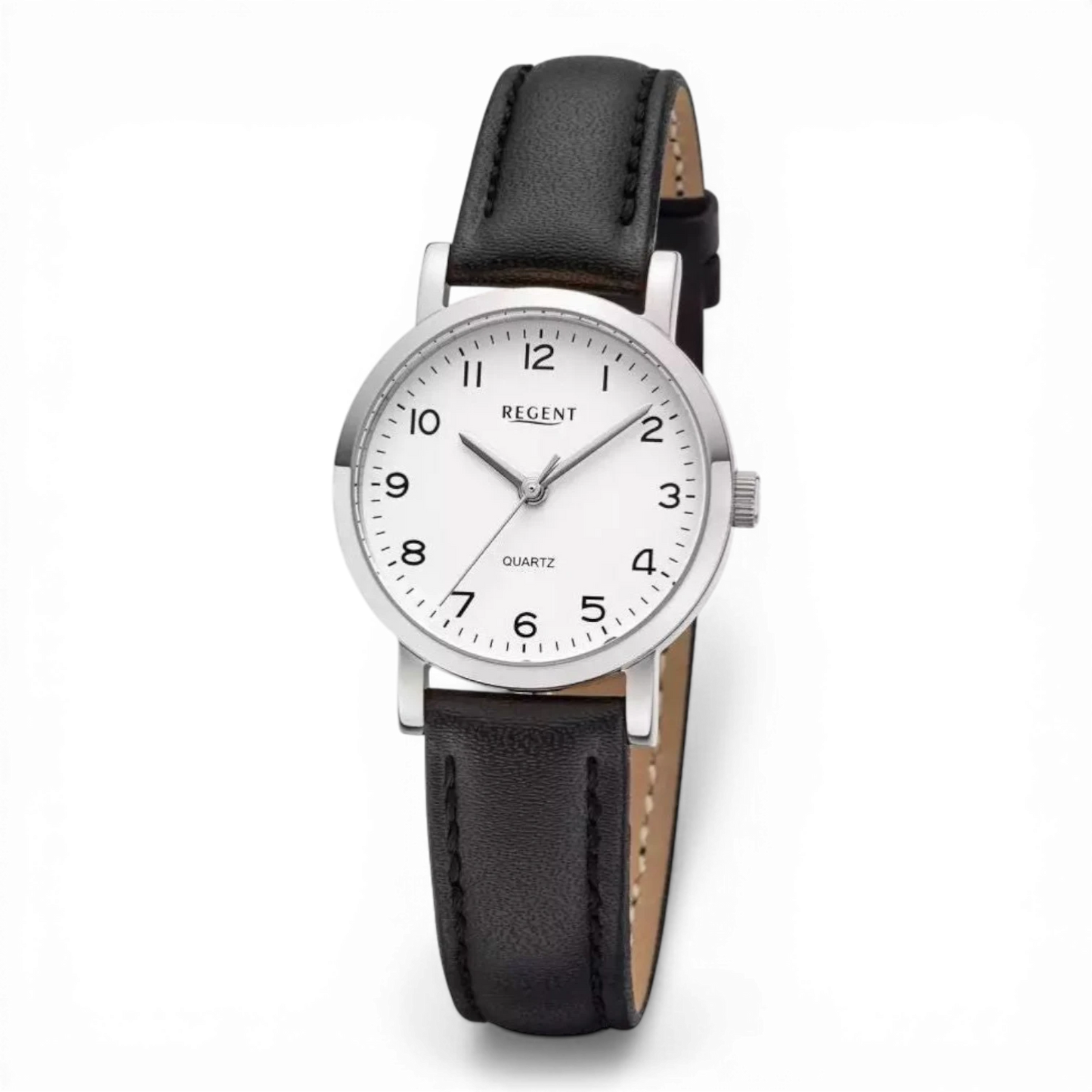 Bendixen-Braun Regent women's quartz watch with stainless steel case, white dial, Arabic numerals and black leather band.