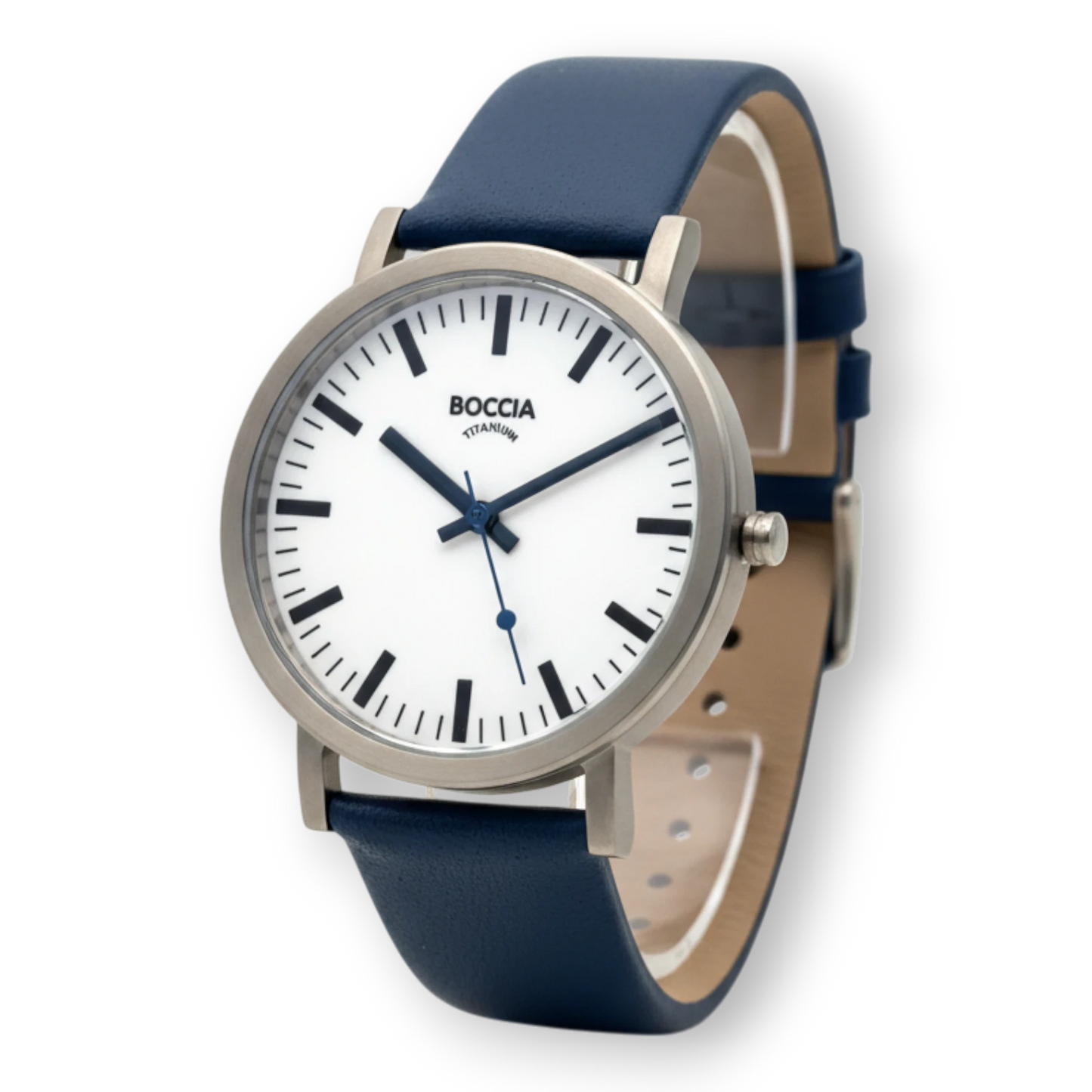 Bendixen-Braun men's quartz watch with white dial, dark blue second hand, and blue leather strap. Bahnhof-style.