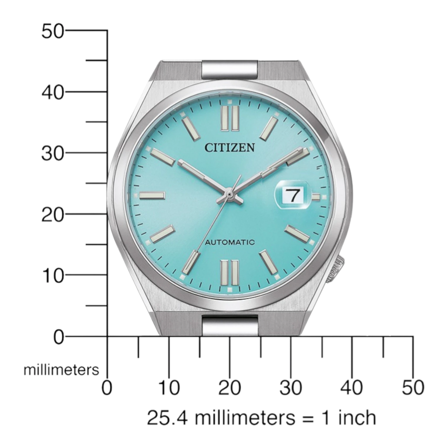 Bendixen-Braun men's automatic watch with turquoise dial, luminous indices, date magnifier, and stainless steel bracelet.