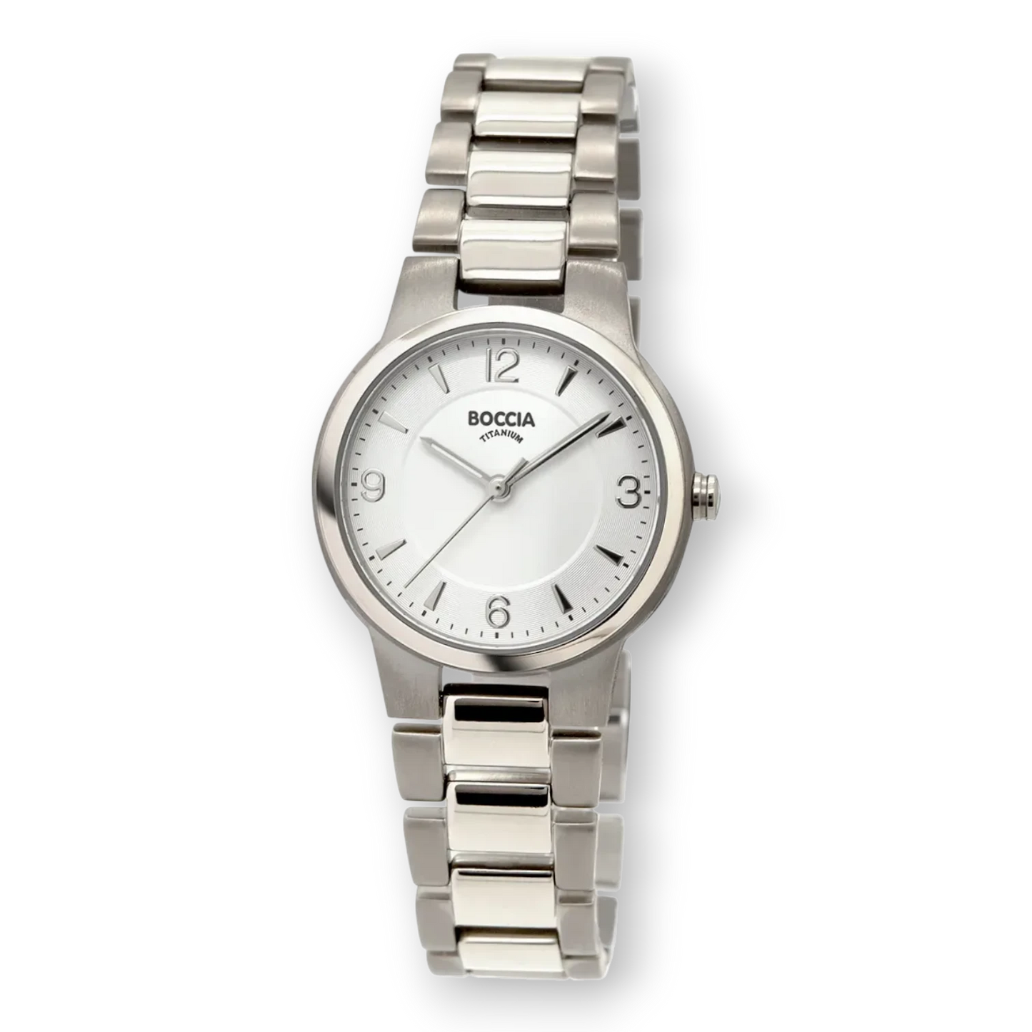 Boccia Damen-Quarzuhr mit Titanband in Silber. Elegante und klassische Damenuhr mit weißem Zifferblatt und hochwertigem Titanarmband.