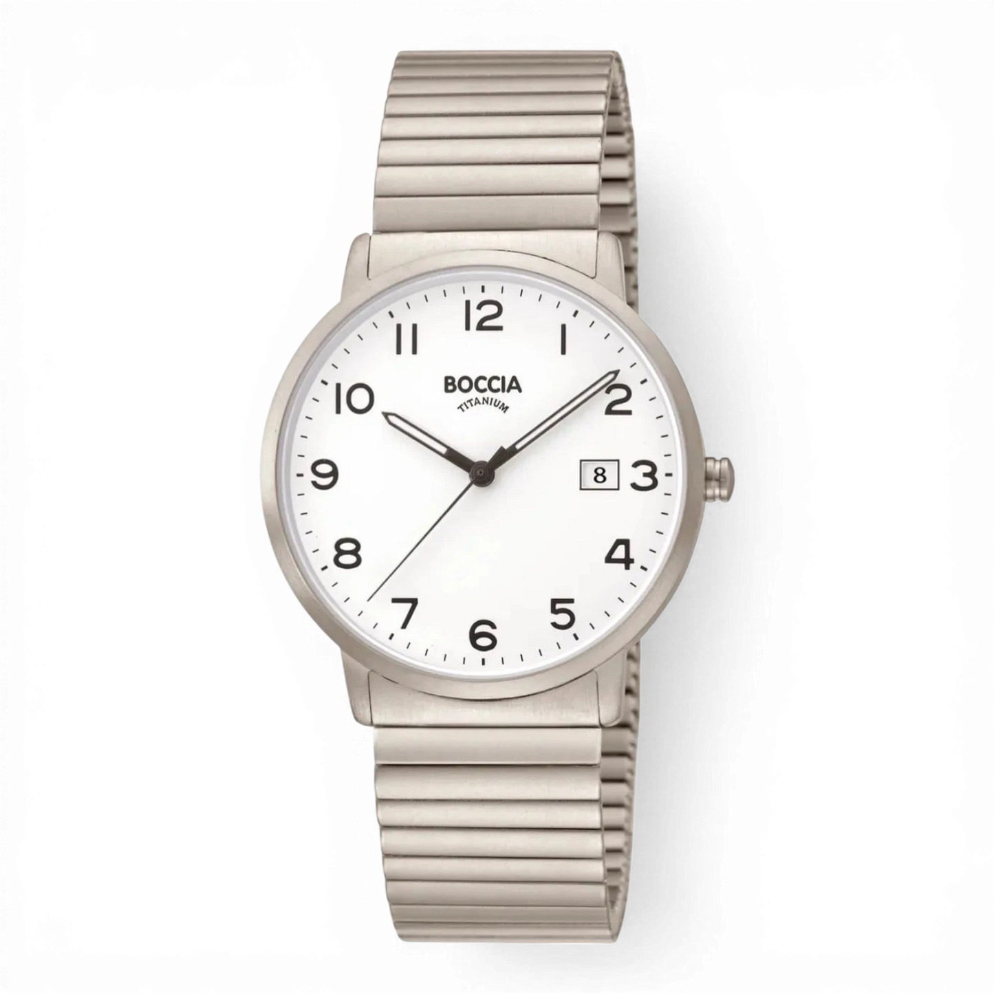 Boccia Quarz Herrenuhr aus Titan mit flexiblem Armband und weißem Zifferblatt. Elegantes, leichtes Design für stilbewusste Männer.