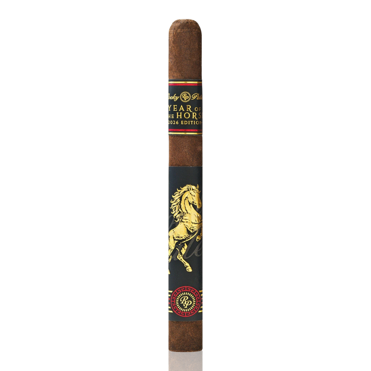 Bendixen-Braun Rocky Patel Year of the Horse 2026 Churchill Zigarre mit dunklem Deckblatt und goldener Pferde-Banderole