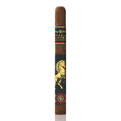Bendixen-Braun Rocky Patel Year of the Horse 2026 Churchill Zigarre mit dunklem Deckblatt und goldener Pferde-Banderole