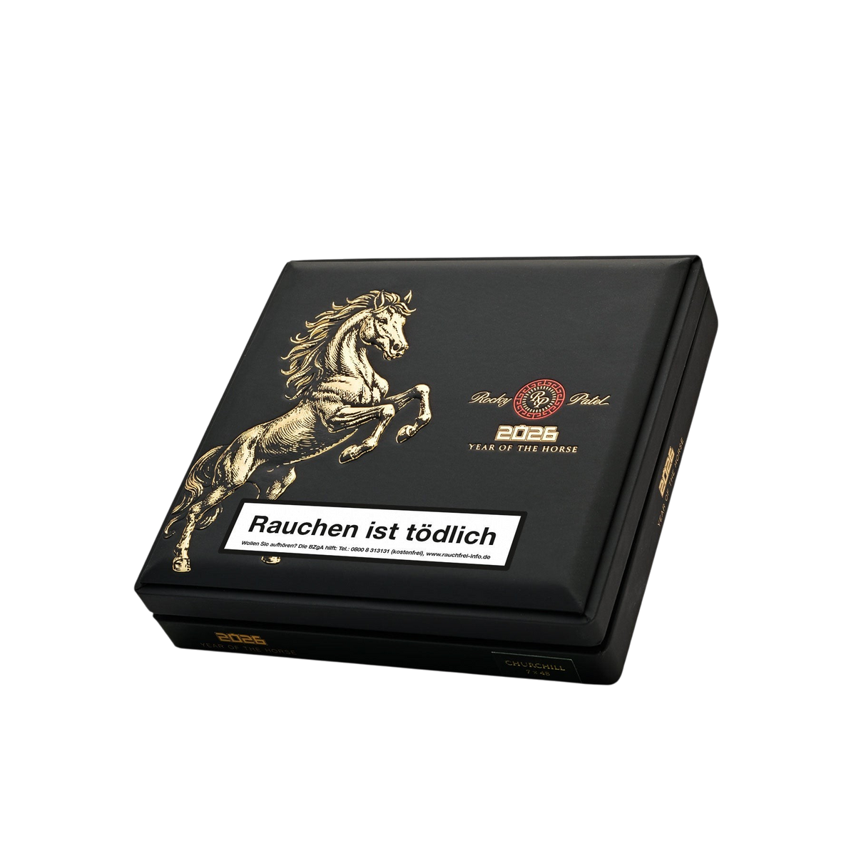 Bendixen-Braun Rocky Patel Year of the Horse 2026 Churchill Zigarrenbox mit goldener Pferde-Illustration