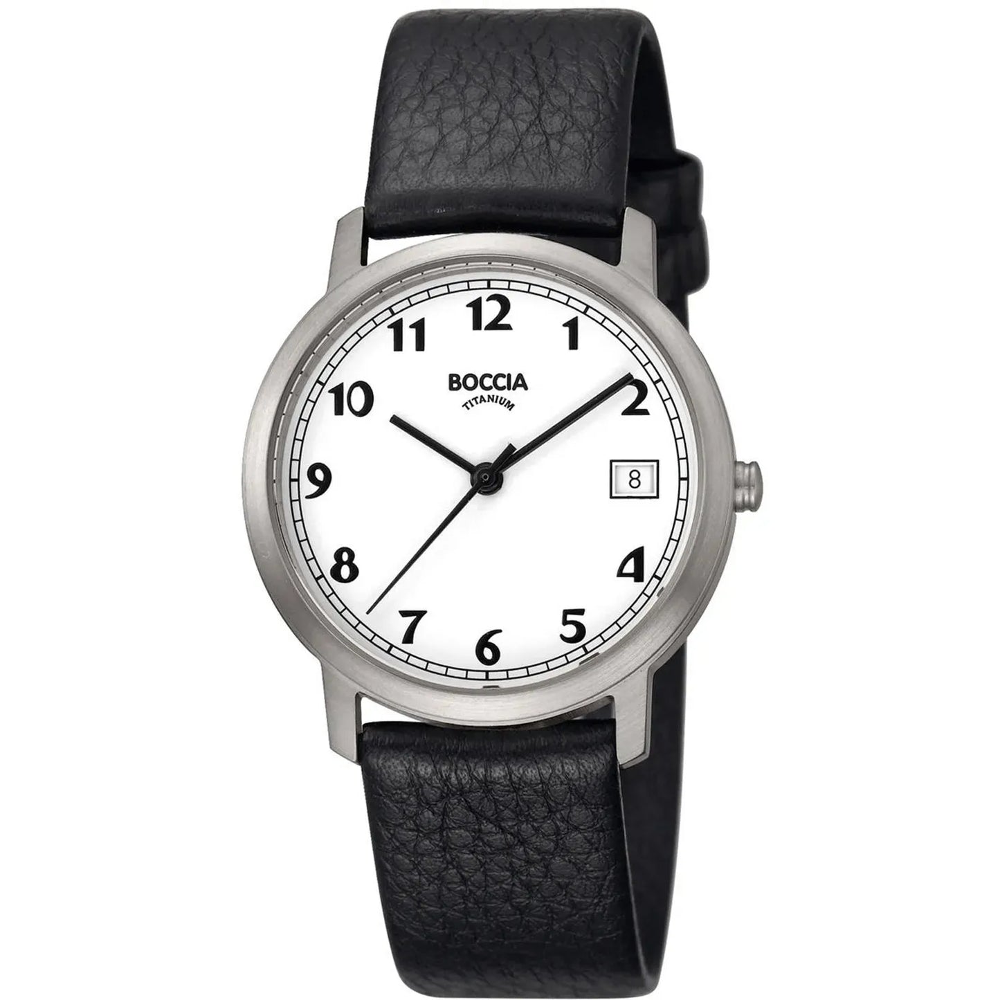 Boccia Titanuhr mit schwarzem Lederarmband und Datumanzeige. Elegante Quarzuhr mit weißem Zifferblatt und Titan-Gehäuse, ideal für den Alltag.