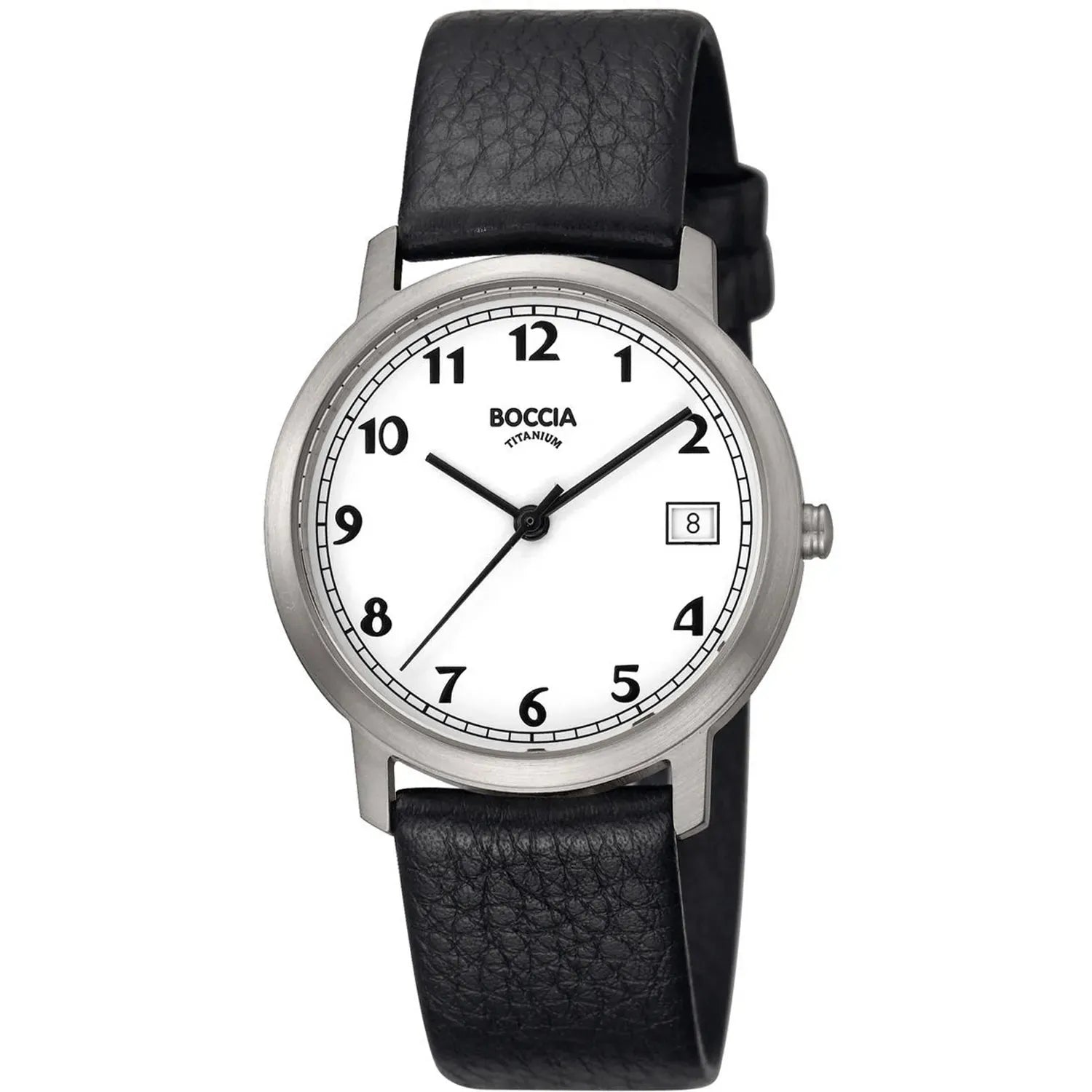 Boccia Titanuhr mit schwarzem Lederarmband und Datumanzeige. Elegante Quarzuhr mit weißem Zifferblatt und Titan-Gehäuse, ideal für den Alltag.